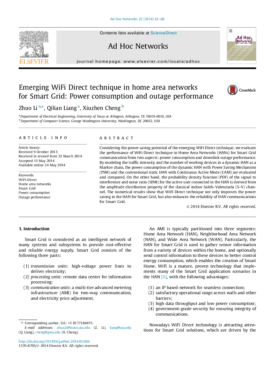 Emerging WiFi Direct technique in home area networks for Smart Grid: Power consumption and outage performance