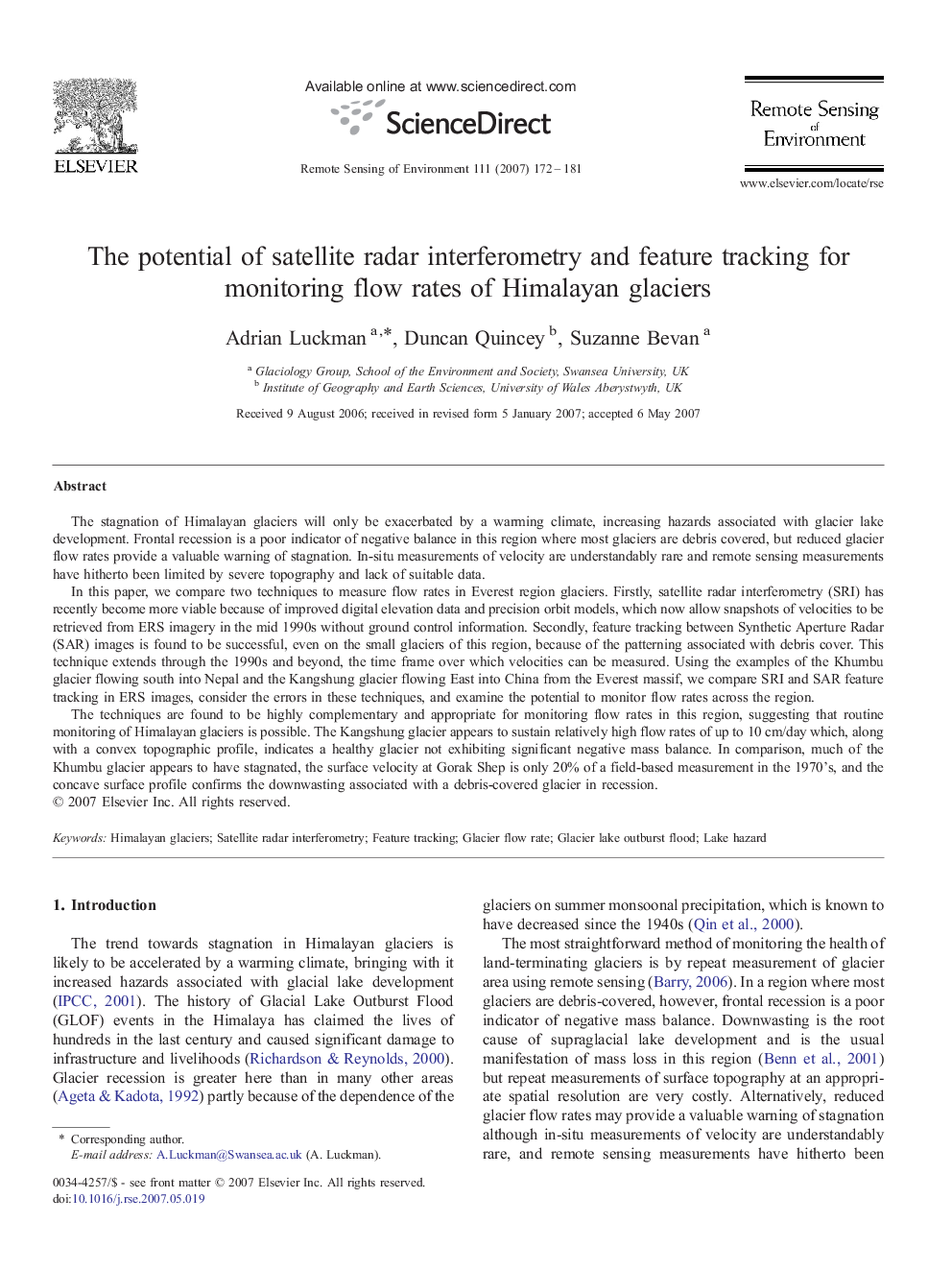 The potential of satellite radar interferometry and feature tracking for monitoring flow rates of Himalayan glaciers