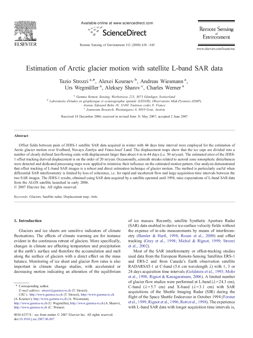 Estimation of Arctic glacier motion with satellite L-band SAR data