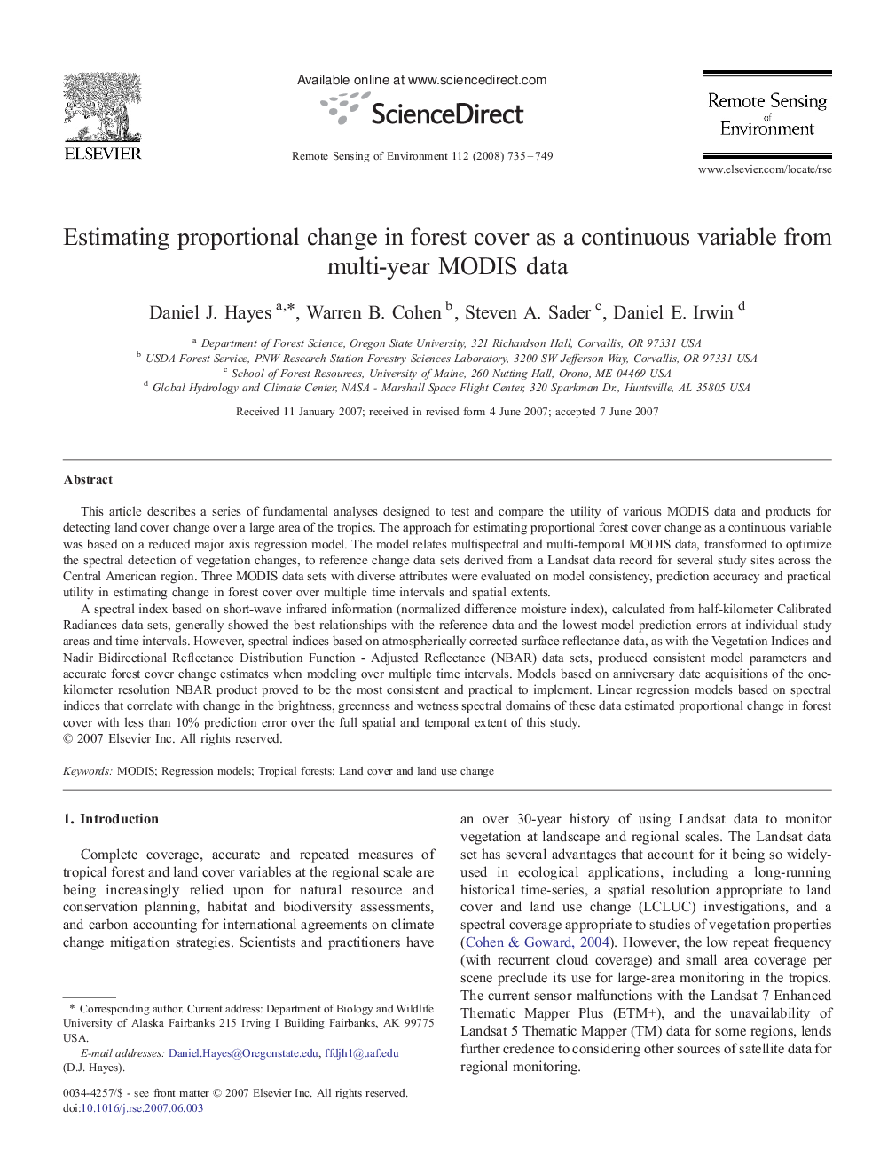 Estimating proportional change in forest cover as a continuous variable from multi-year MODIS data