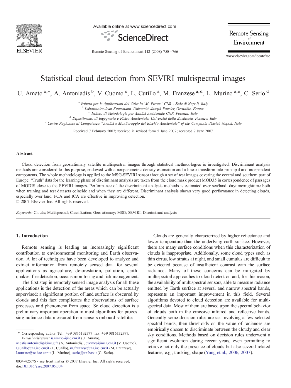 Statistical cloud detection from SEVIRI multispectral images