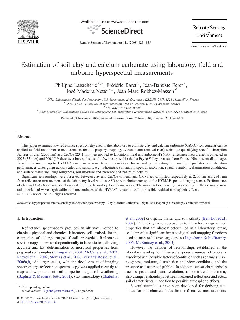 Estimation of soil clay and calcium carbonate using laboratory, field and airborne hyperspectral measurements