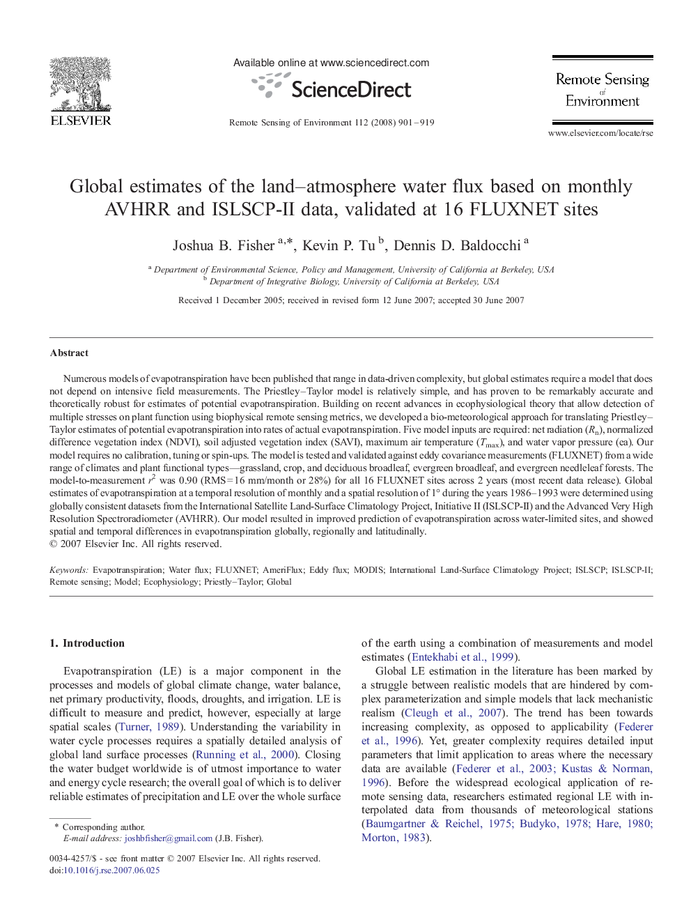 Global estimates of the land–atmosphere water flux based on monthly AVHRR and ISLSCP-II data, validated at 16 FLUXNET sites