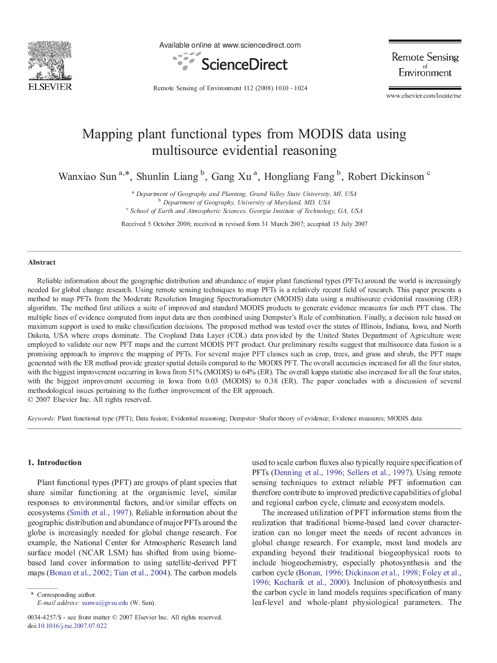 Mapping plant functional types from MODIS data using multisource evidential reasoning