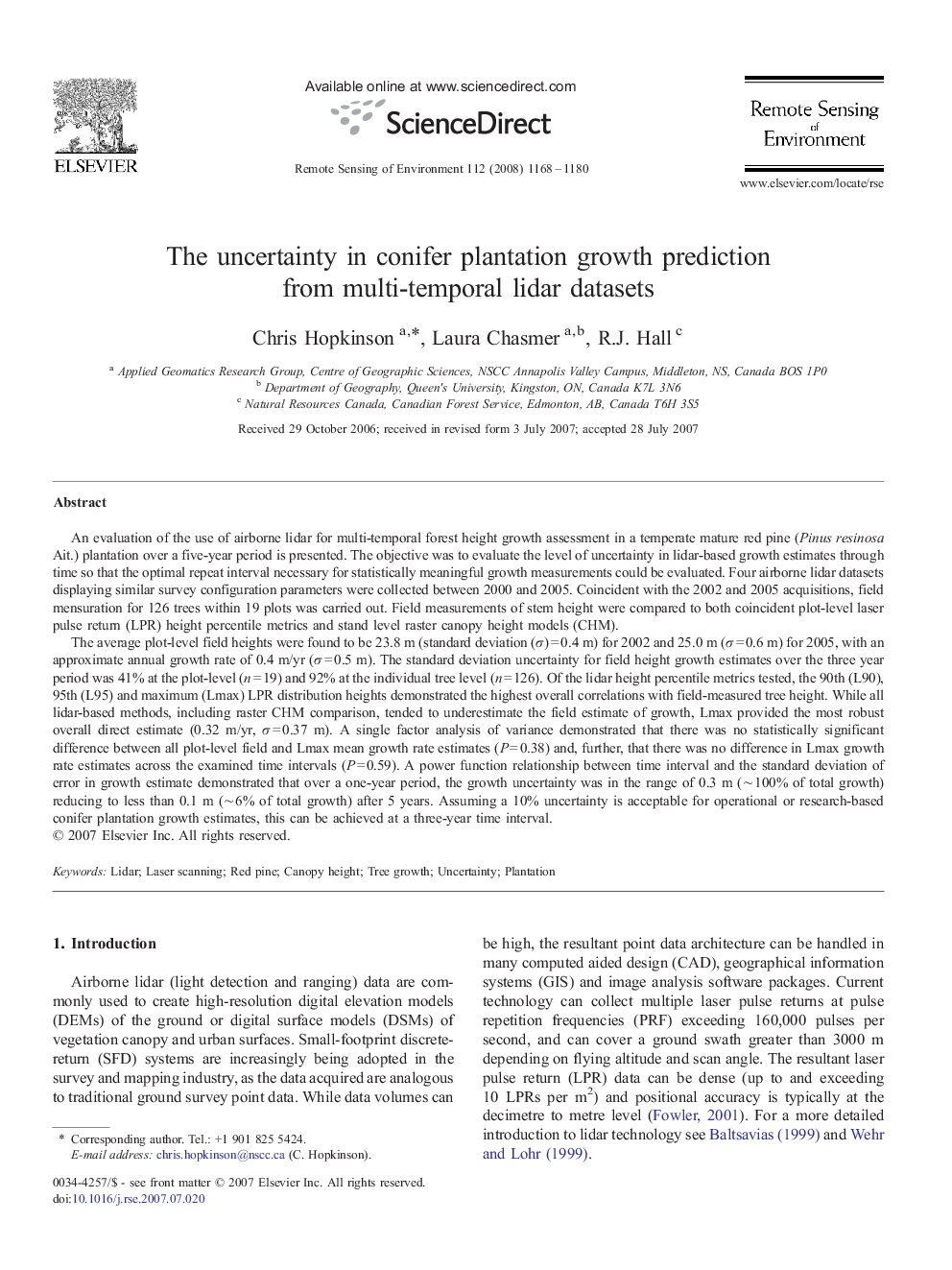 The uncertainty in conifer plantation growth prediction from multi-temporal lidar datasets