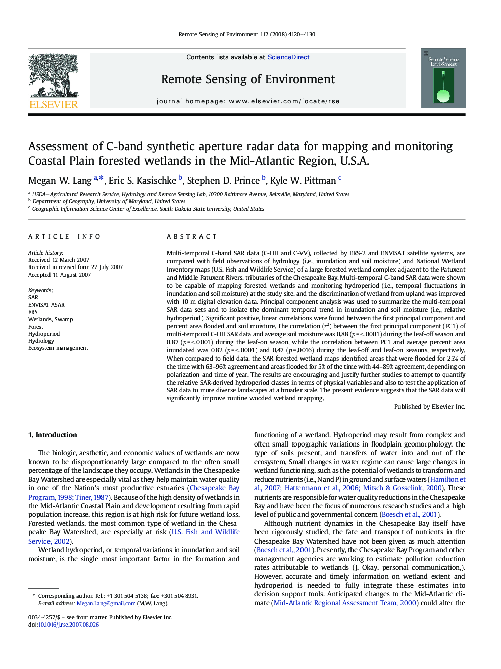 Assessment of C-band synthetic aperture radar data for mapping and monitoring Coastal Plain forested wetlands in the Mid-Atlantic Region, U.S.A.