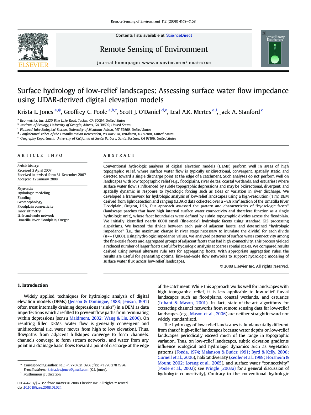 Surface hydrology of low-relief landscapes: Assessing surface water flow impedance using LIDAR-derived digital elevation models