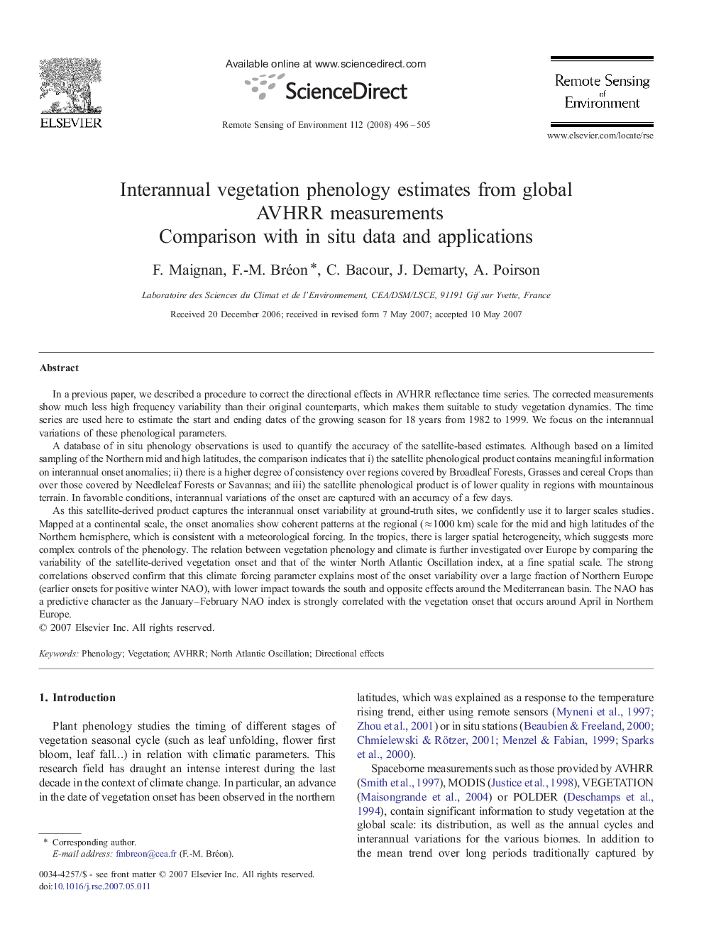 Interannual vegetation phenology estimates from global AVHRR measurements: Comparison with in situ data and applications