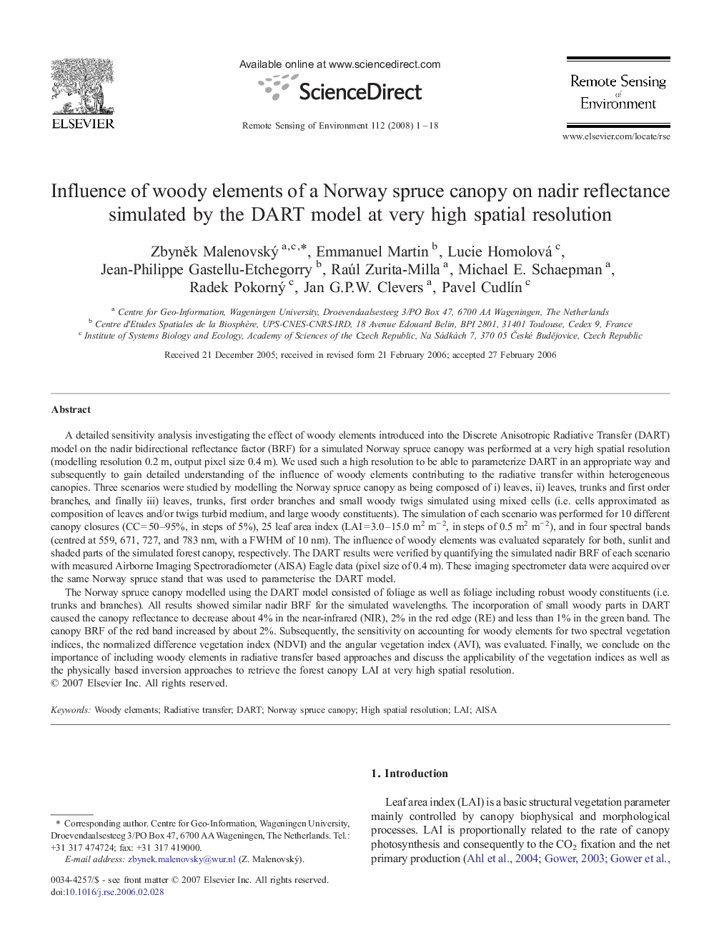 Influence of woody elements of a Norway spruce canopy on nadir reflectance simulated by the DART model at very high spatial resolution