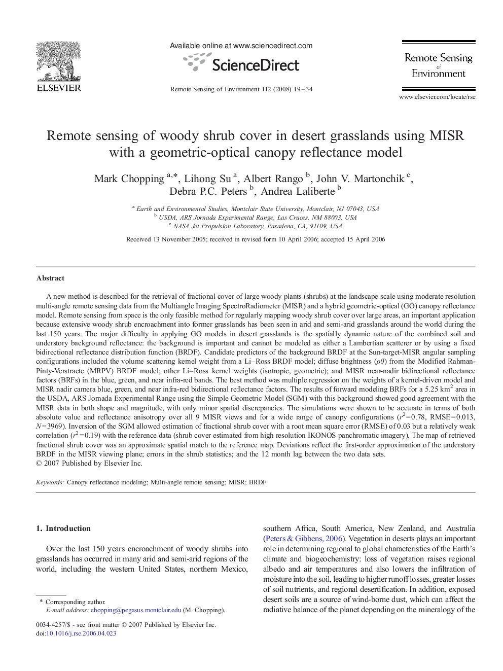 Remote sensing of woody shrub cover in desert grasslands using MISR with a geometric-optical canopy reflectance model