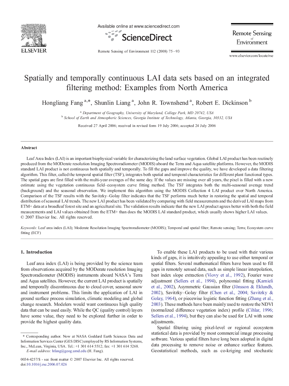 Spatially and temporally continuous LAI data sets based on an integrated filtering method: Examples from North America