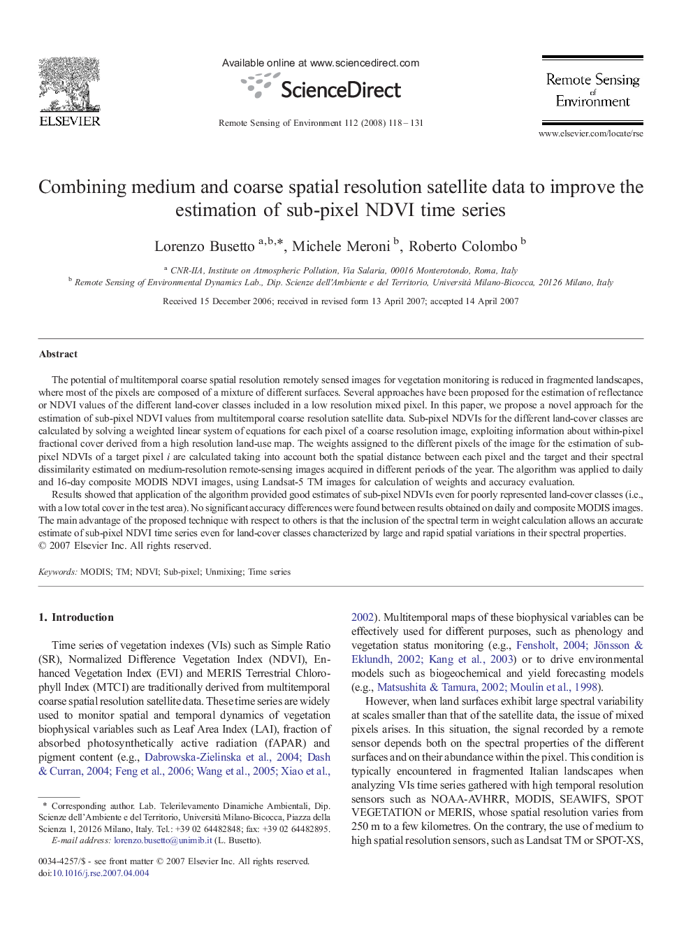 Combining medium and coarse spatial resolution satellite data to improve the estimation of sub-pixel NDVI time series