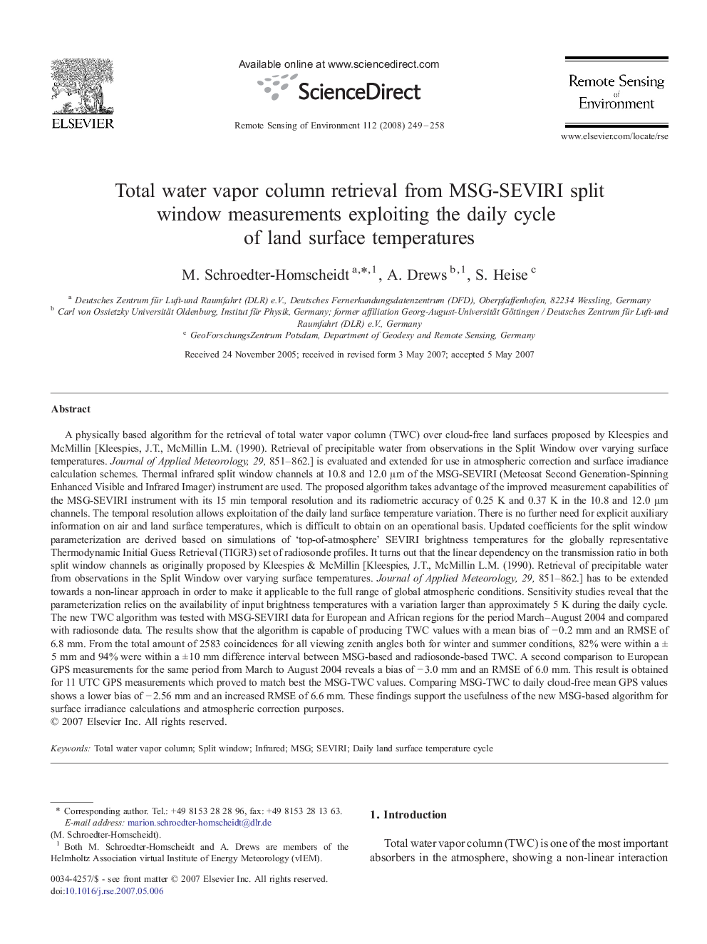 Total water vapor column retrieval from MSG-SEVIRI split window measurements exploiting the daily cycle of land surface temperatures