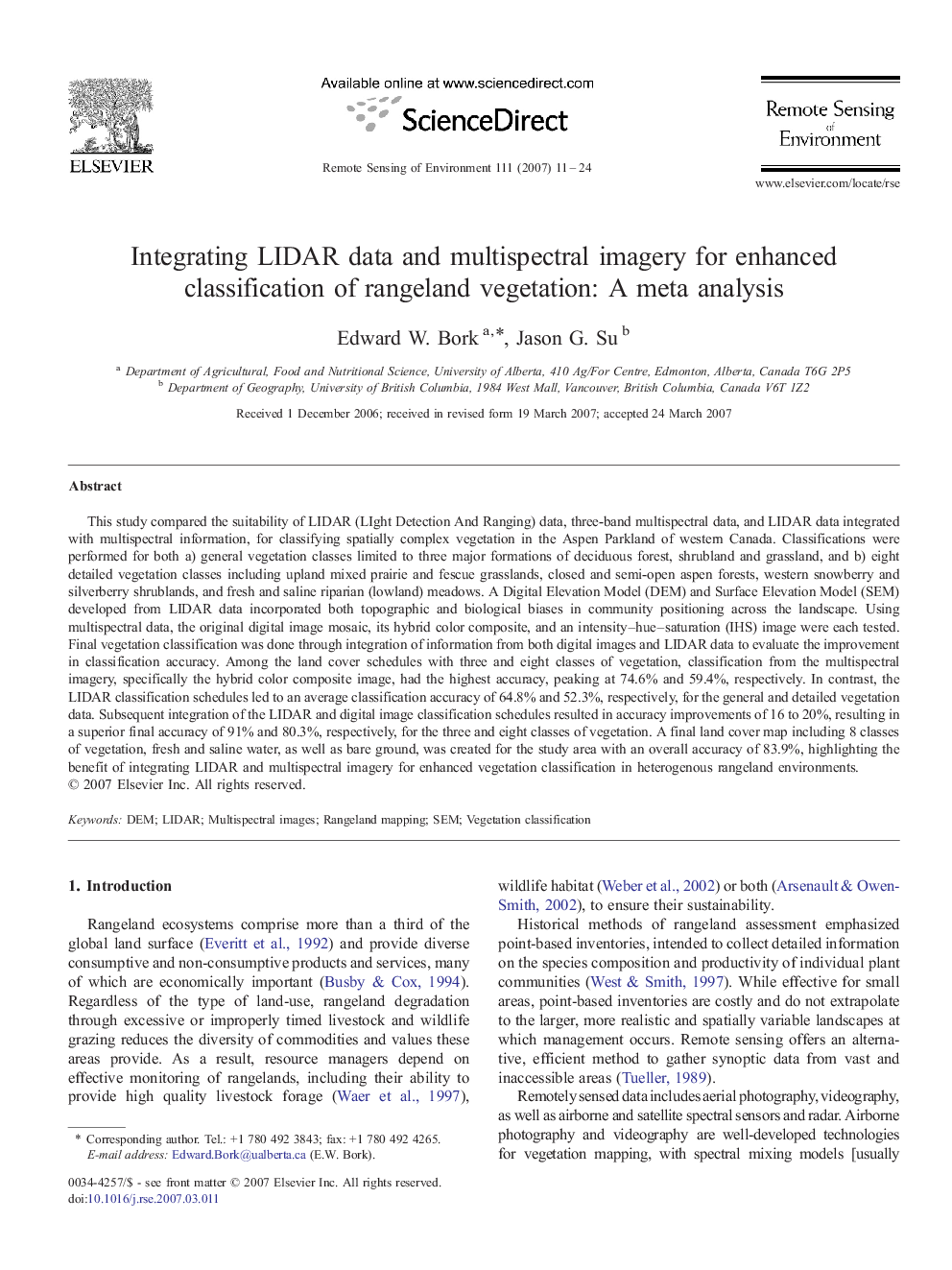 Integrating LIDAR data and multispectral imagery for enhanced classification of rangeland vegetation: A meta analysis