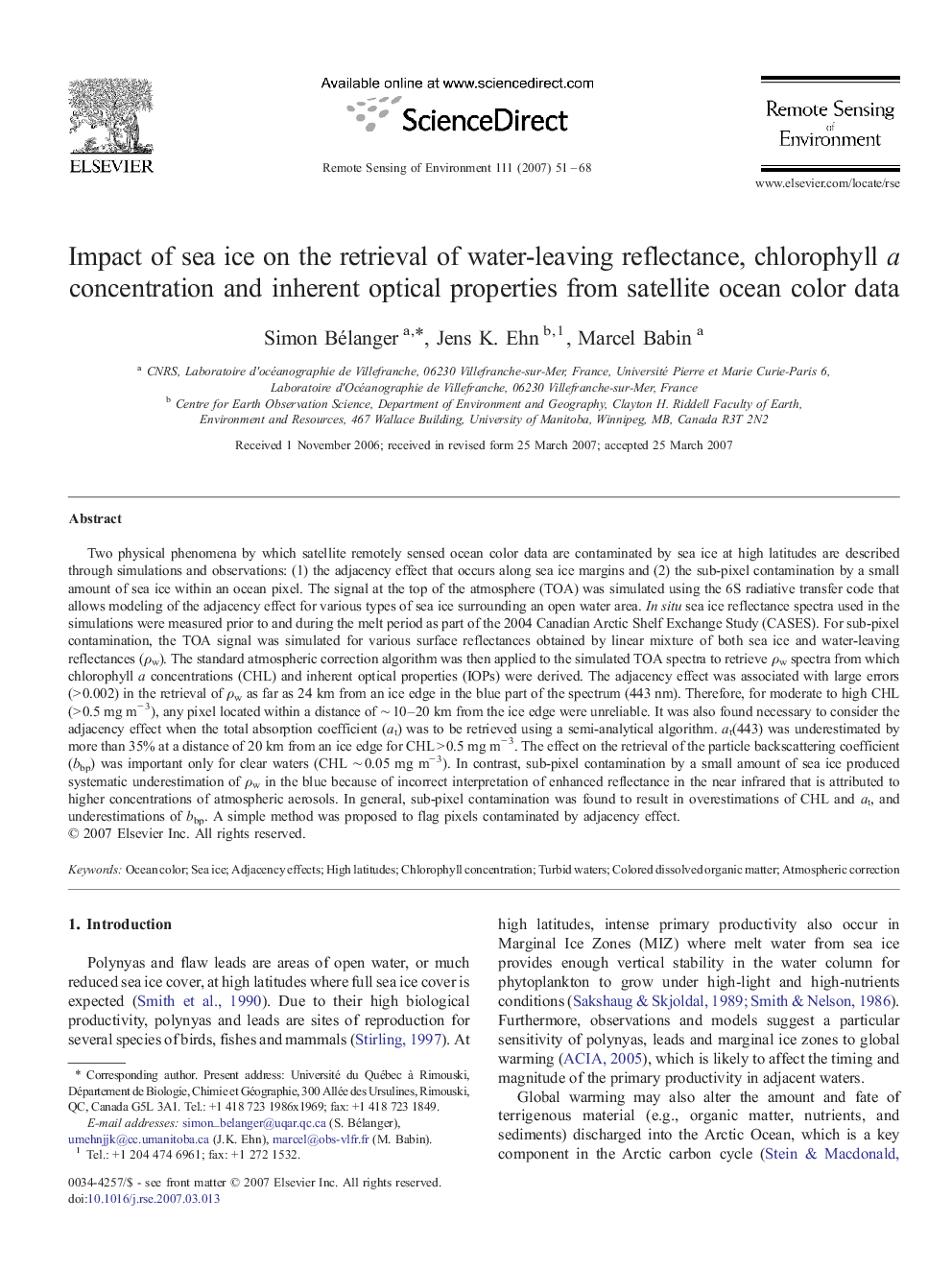 Impact of sea ice on the retrieval of water-leaving reflectance, chlorophyll a concentration and inherent optical properties from satellite ocean color data