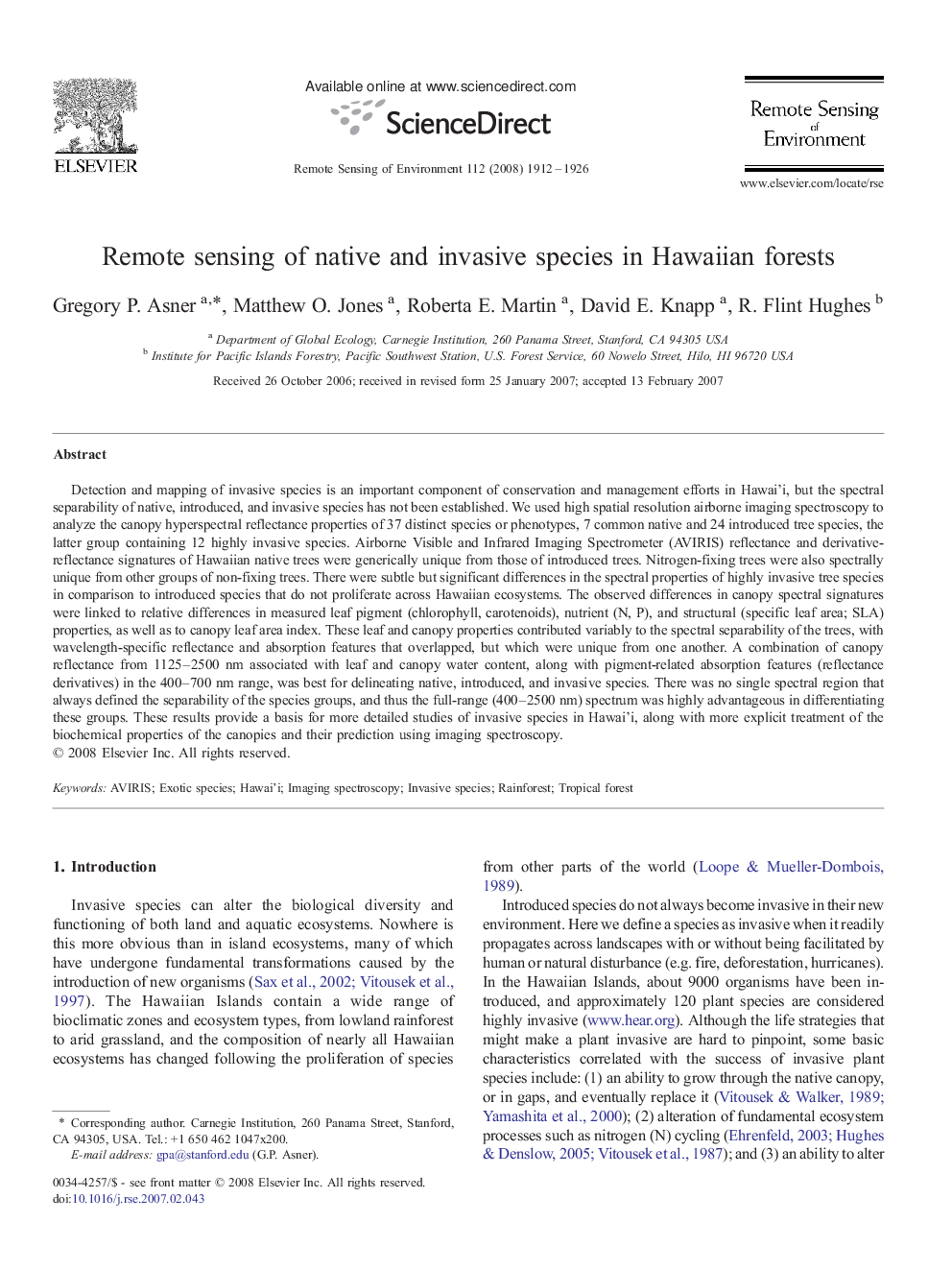 Remote sensing of native and invasive species in Hawaiian forests