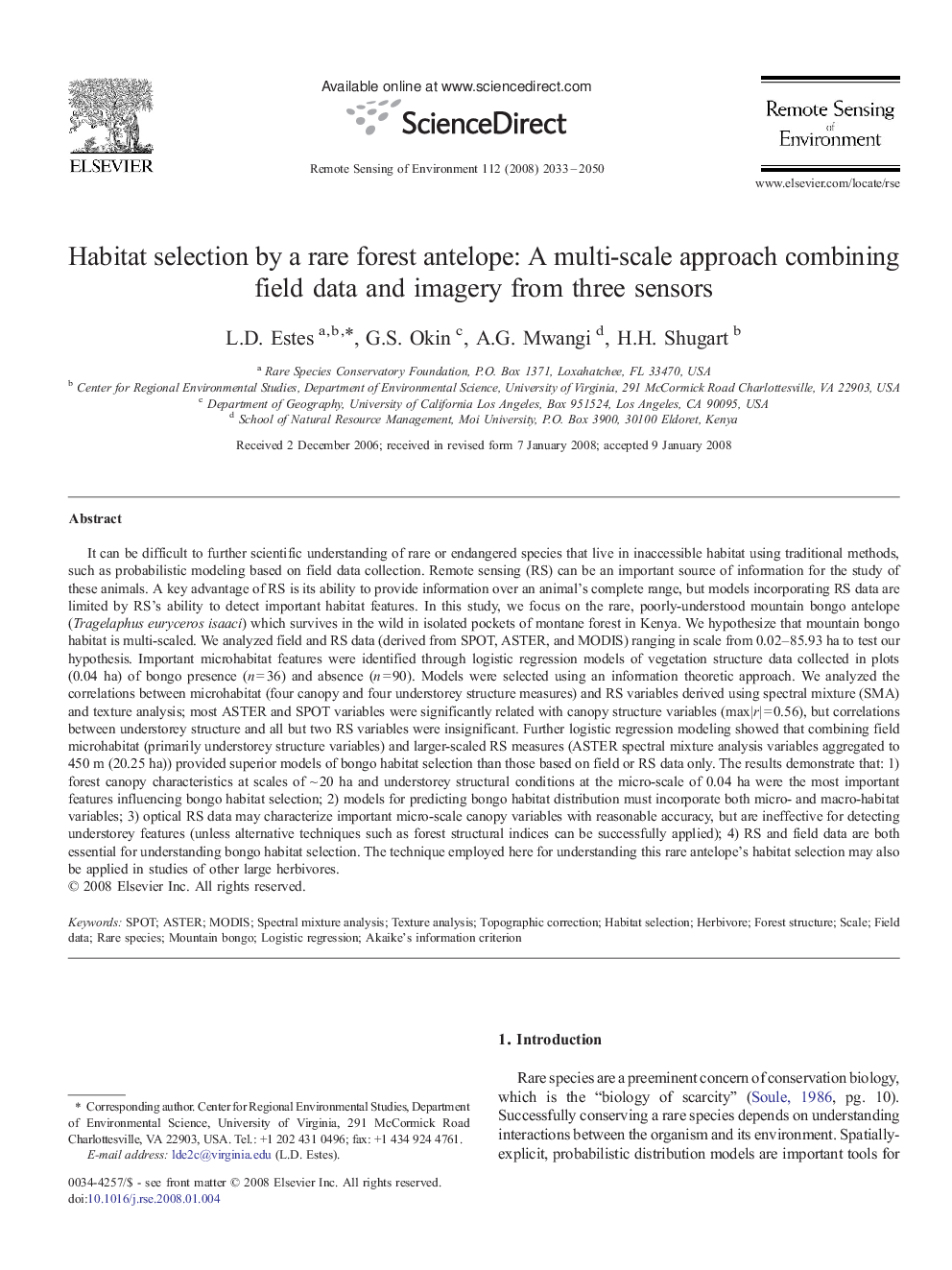 Habitat selection by a rare forest antelope: A multi-scale approach combining field data and imagery from three sensors