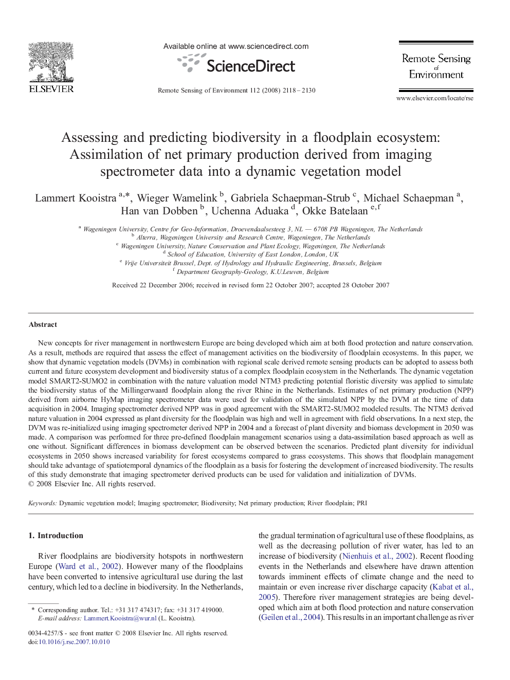 Assessing and predicting biodiversity in a floodplain ecosystem: Assimilation of net primary production derived from imaging spectrometer data into a dynamic vegetation model