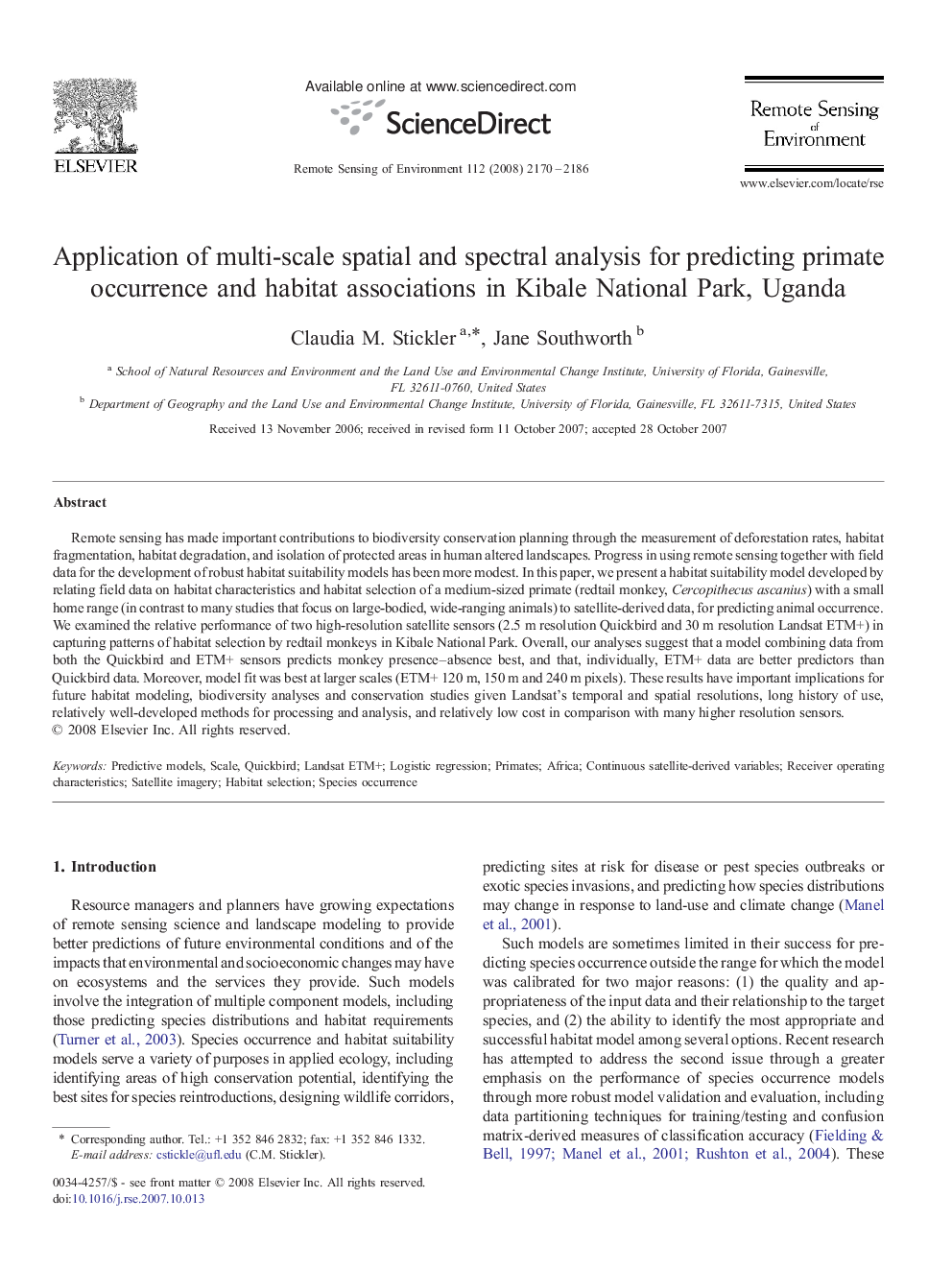 Application of multi-scale spatial and spectral analysis for predicting primate occurrence and habitat associations in Kibale National Park, Uganda