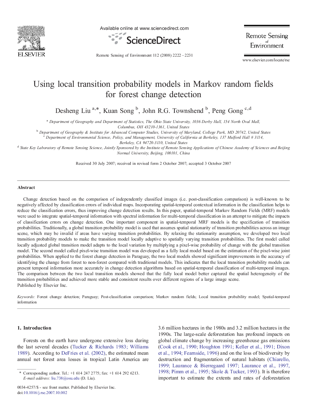 Using local transition probability models in Markov random fields for forest change detection