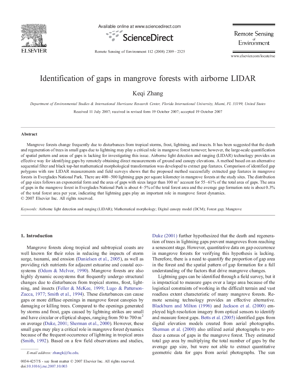 Identification of gaps in mangrove forests with airborne LIDAR