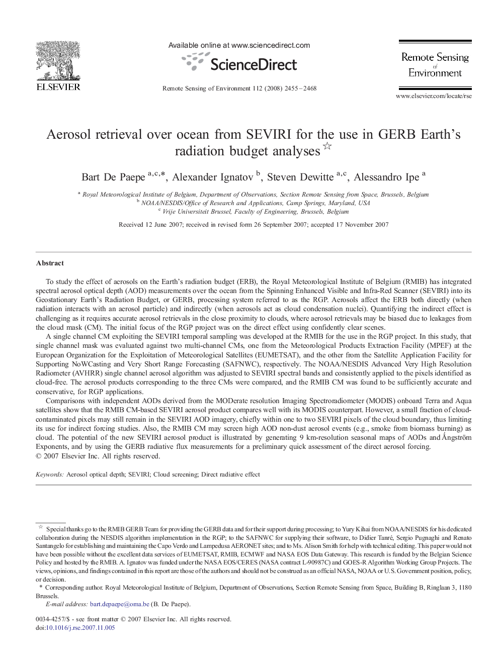 Aerosol retrieval over ocean from SEVIRI for the use in GERB Earth's radiation budget analyses 