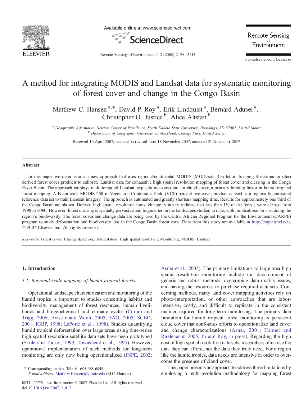 A method for integrating MODIS and Landsat data for systematic monitoring of forest cover and change in the Congo Basin