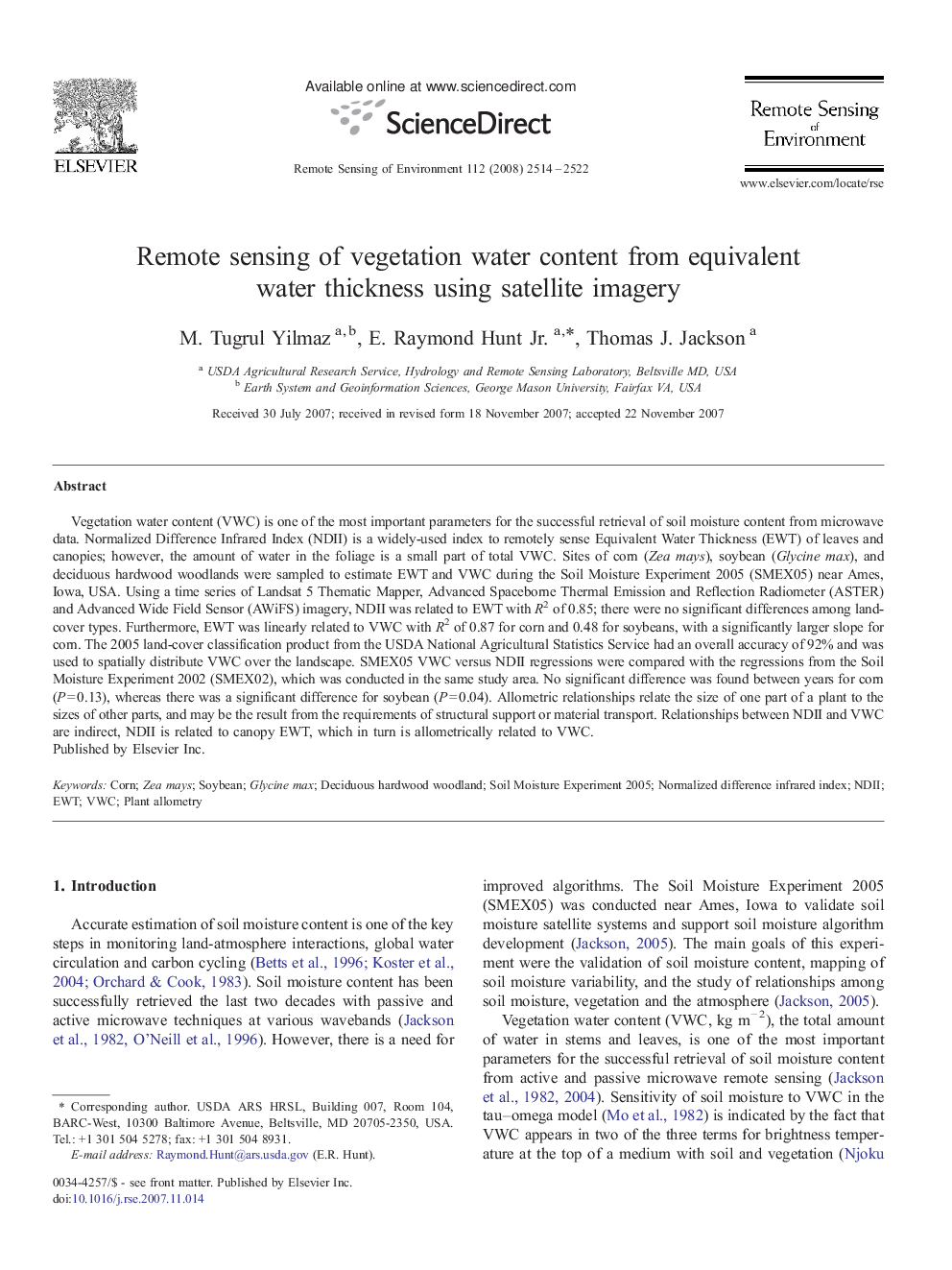 Remote sensing of vegetation water content from equivalent water thickness using satellite imagery