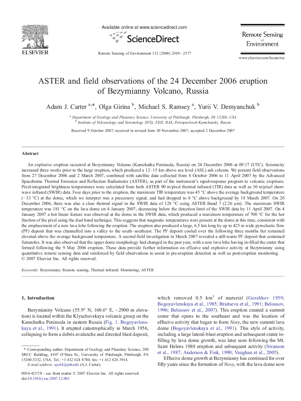 ASTER and field observations of the 24 December 2006 eruption of Bezymianny Volcano, Russia