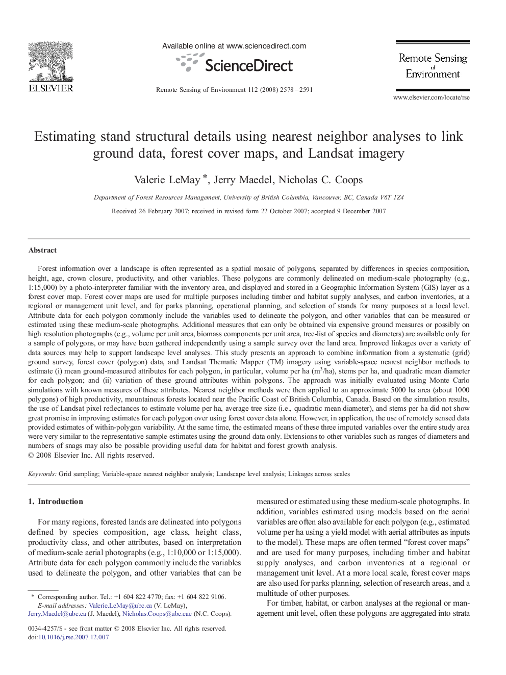 Estimating stand structural details using nearest neighbor analyses to link ground data, forest cover maps, and Landsat imagery