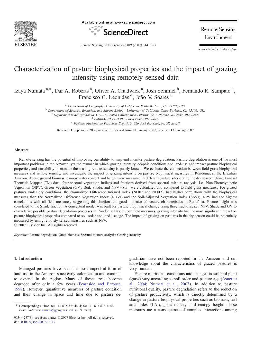 Characterization of pasture biophysical properties and the impact of grazing intensity using remotely sensed data