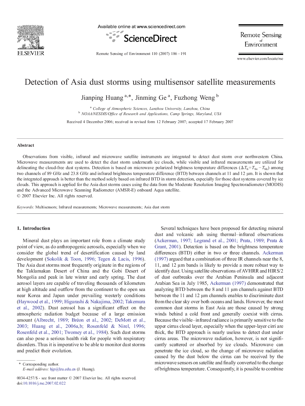 Detection of Asia dust storms using multisensor satellite measurements