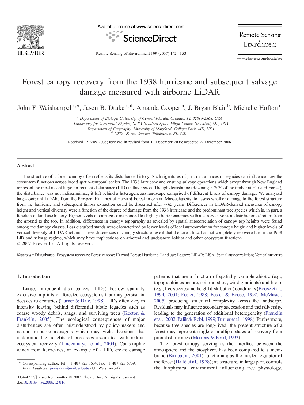 عکس صفحه اول مقاله: Forest canopy recovery from the 1938 hurricane and subsequent salvage damage measured with airborne LiDAR Forest canopy recovery from the 1938 hurricane and subsequent salvage damage measured with airborne LiDAR