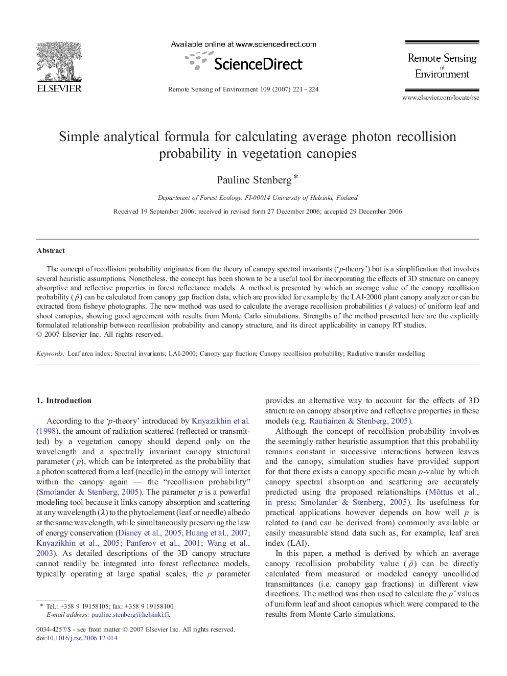 Simple analytical formula for calculating average photon recollision probability in vegetation canopies