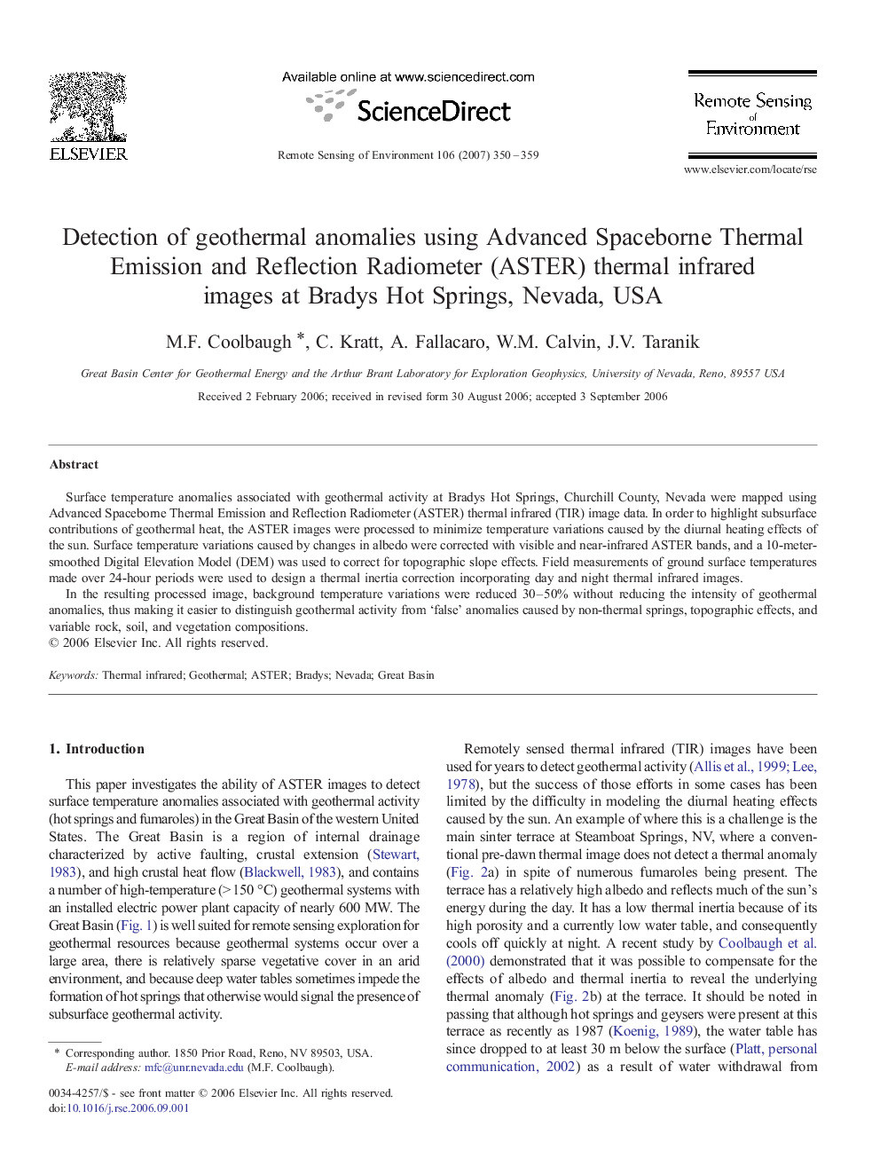 Detection of geothermal anomalies using Advanced Spaceborne Thermal Emission and Reflection Radiometer (ASTER) thermal infrared images at Bradys Hot Springs, Nevada, USA