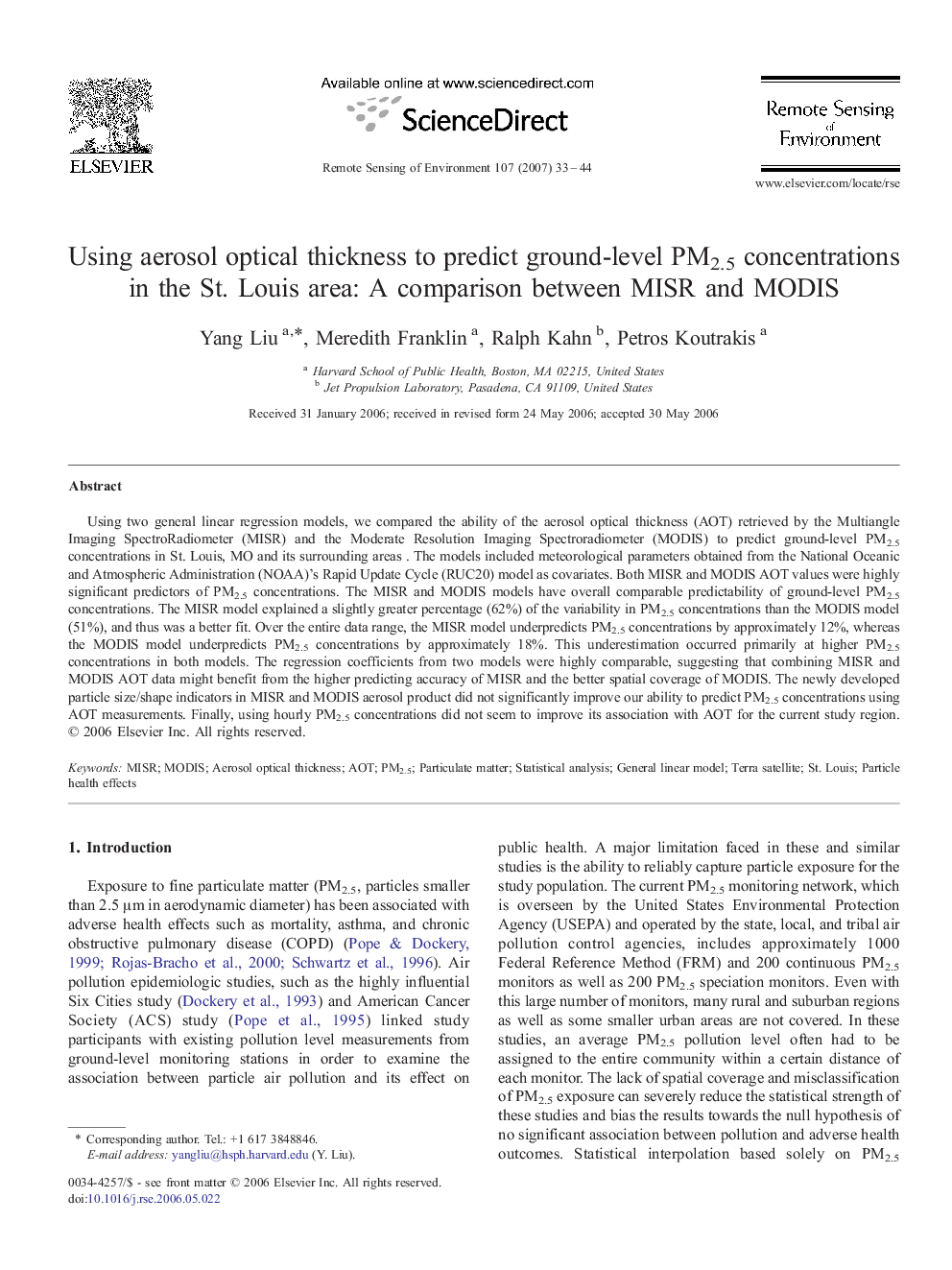 Using aerosol optical thickness to predict ground-level PM2.5 concentrations in the St. Louis area: A comparison between MISR and MODIS