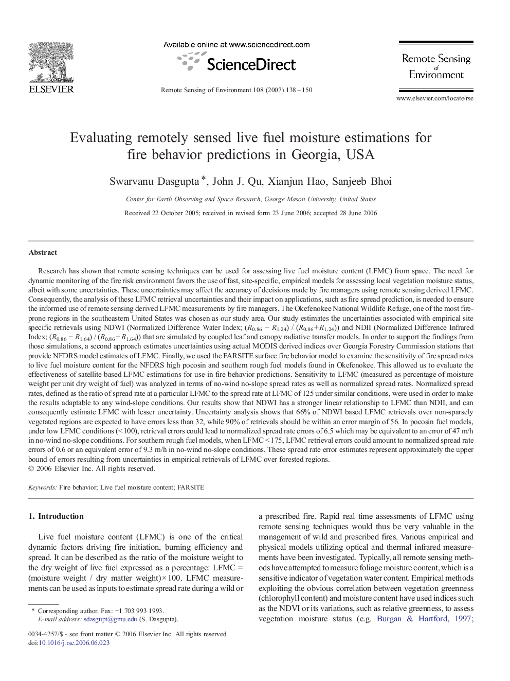 Evaluating remotely sensed live fuel moisture estimations for fire behavior predictions in Georgia, USA