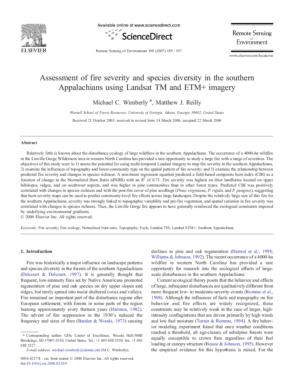 Assessment of fire severity and species diversity in the southern Appalachians using Landsat TM and ETM+ imagery