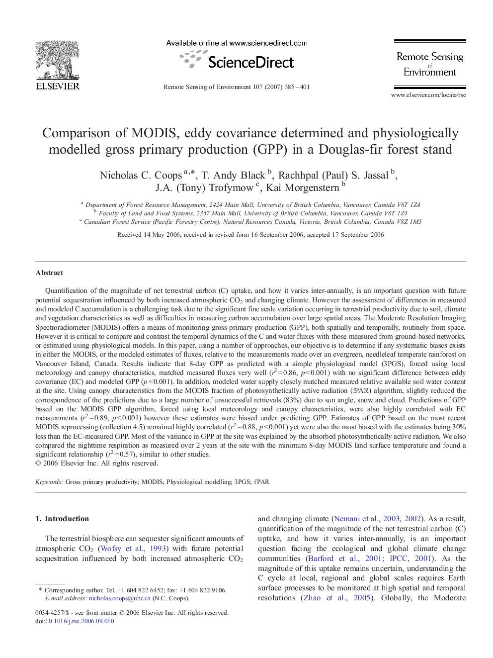 Comparison of MODIS, eddy covariance determined and physiologically modelled gross primary production (GPP) in a Douglas-fir forest stand