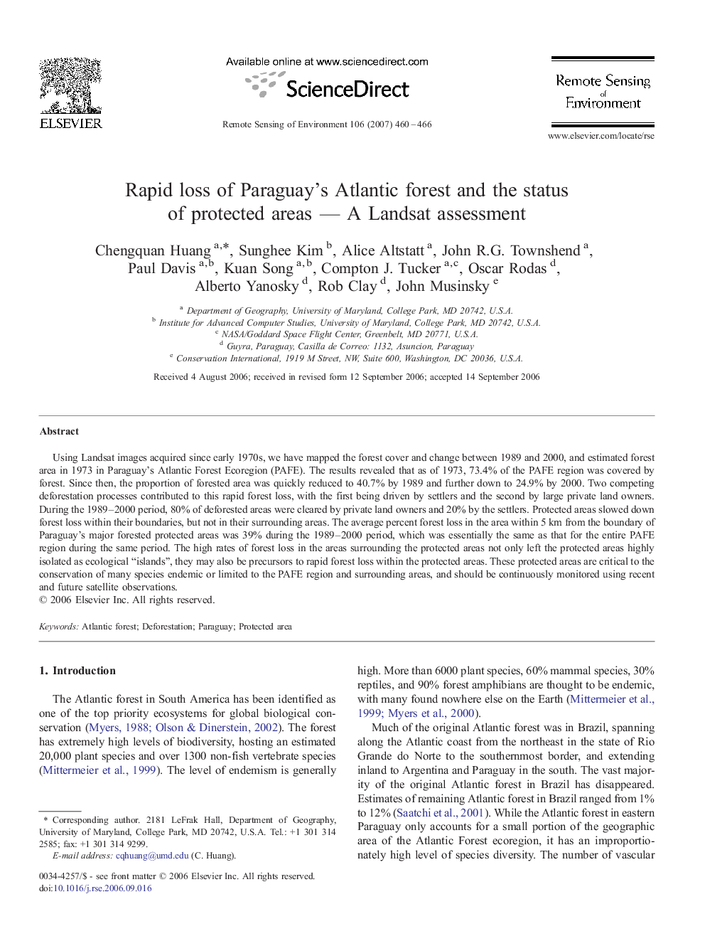 Rapid loss of Paraguay's Atlantic forest and the status of protected areas — A Landsat assessment