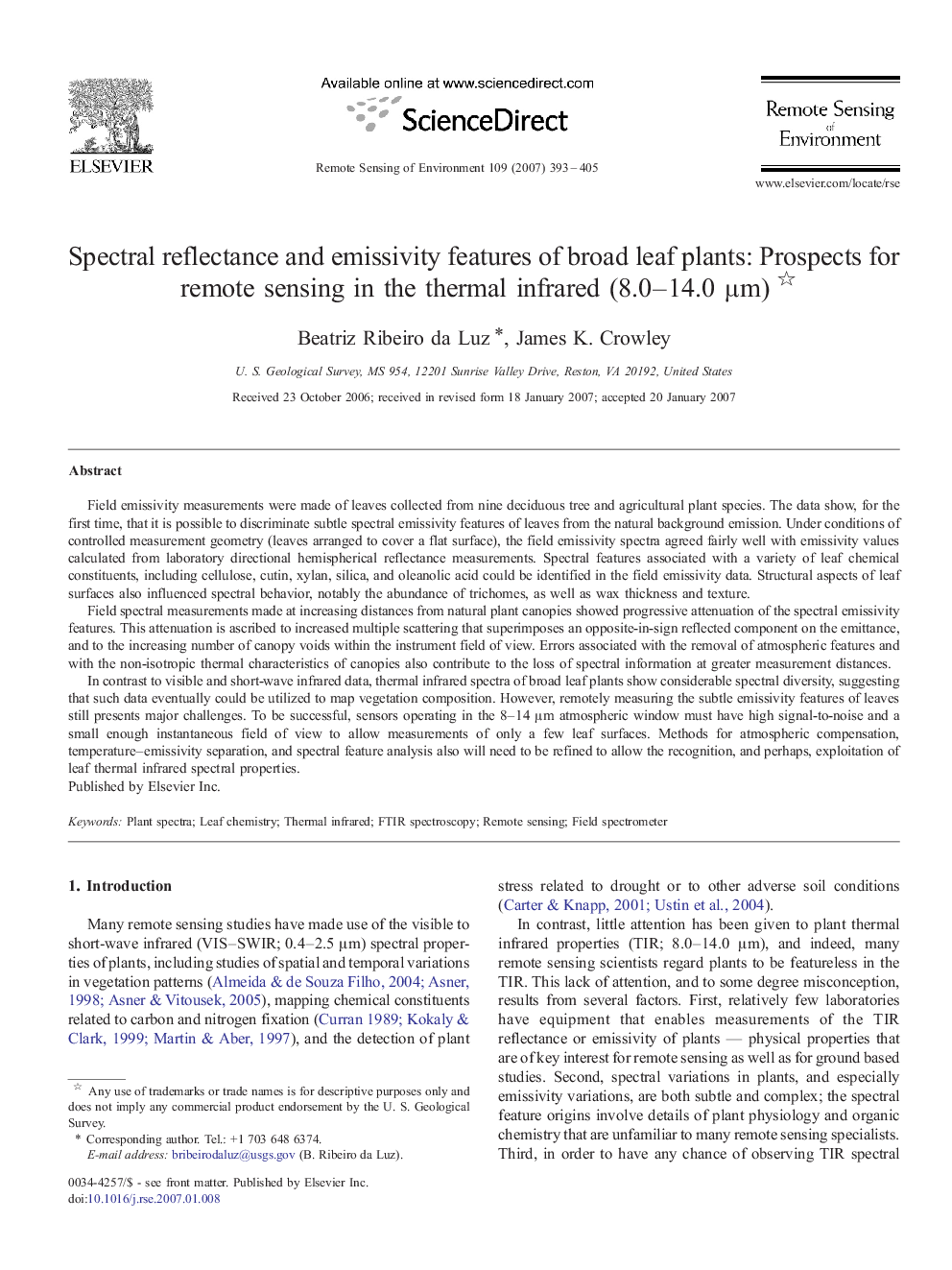 Spectral reflectance and emissivity features of broad leaf plants: Prospects for remote sensing in the thermal infrared (8.0–14.0 μm) 