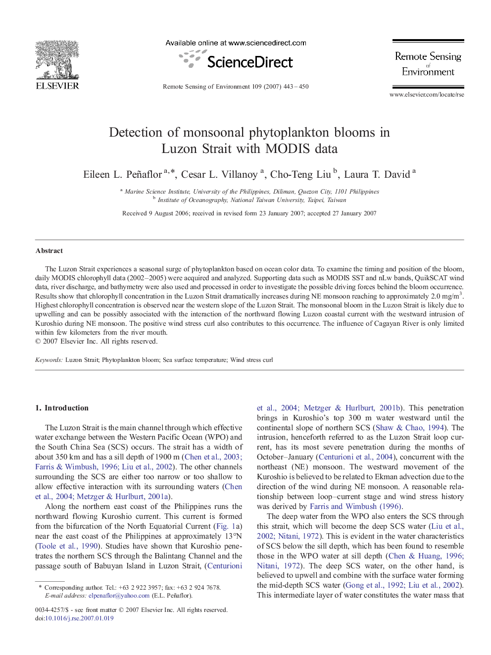 Detection of monsoonal phytoplankton blooms in Luzon Strait with MODIS data