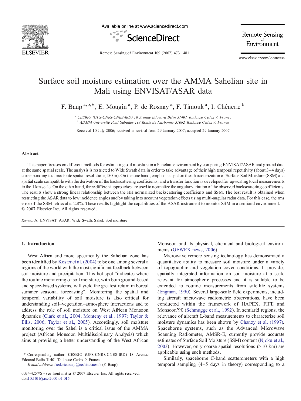 Surface soil moisture estimation over the AMMA Sahelian site in Mali using ENVISAT/ASAR data