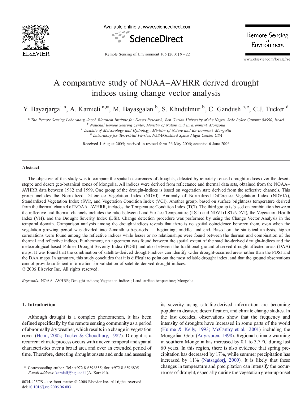 A comparative study of NOAA–AVHRR derived drought indices using change vector analysis