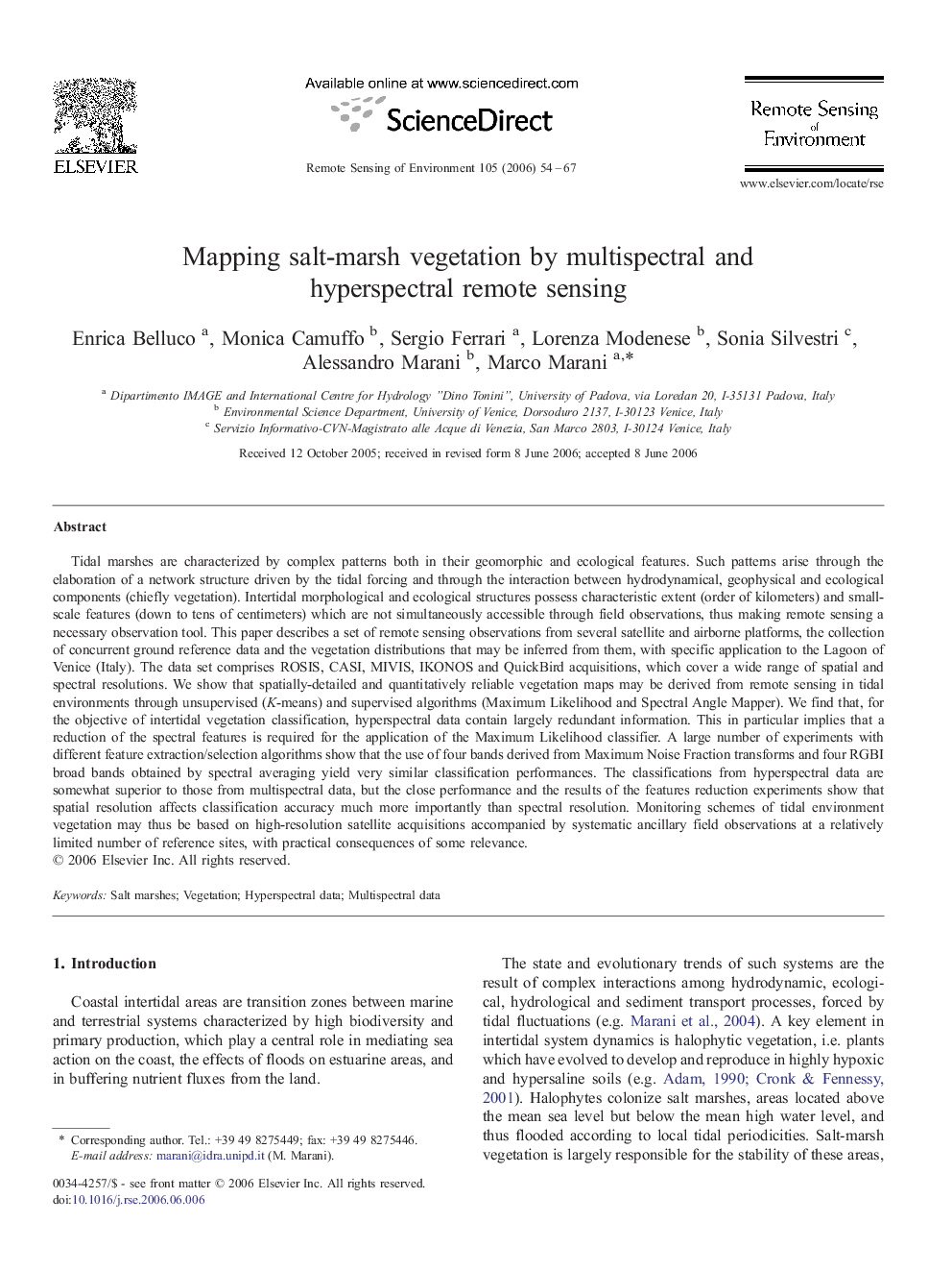 Mapping salt-marsh vegetation by multispectral and hyperspectral remote sensing