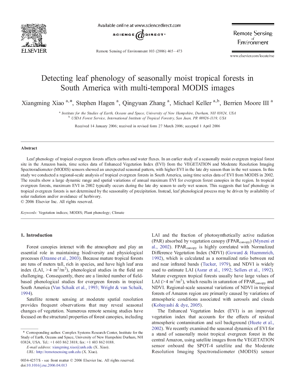 Detecting leaf phenology of seasonally moist tropical forests in South America with multi-temporal MODIS images