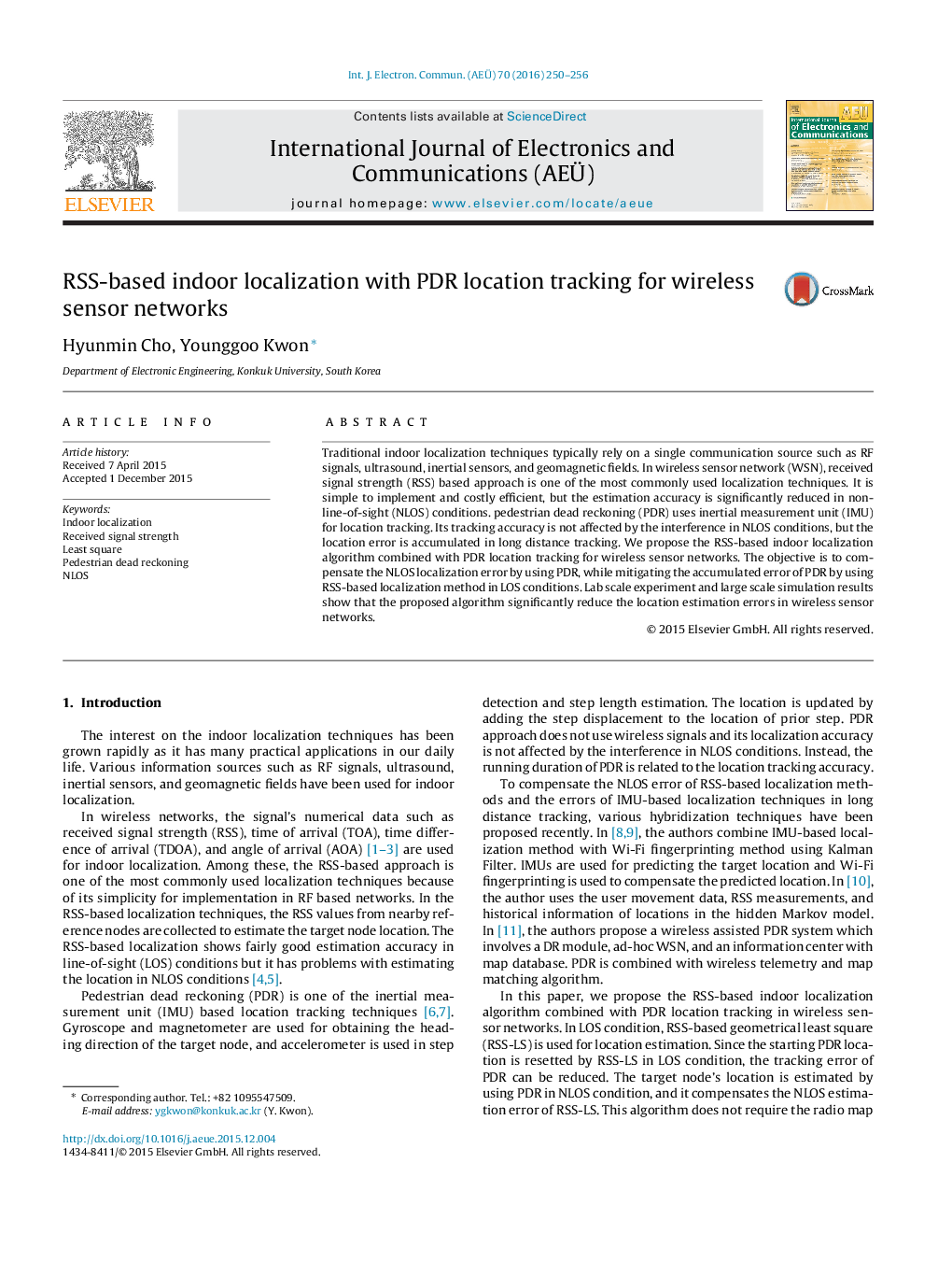 RSS-based indoor localization with PDR location tracking for wireless sensor networks