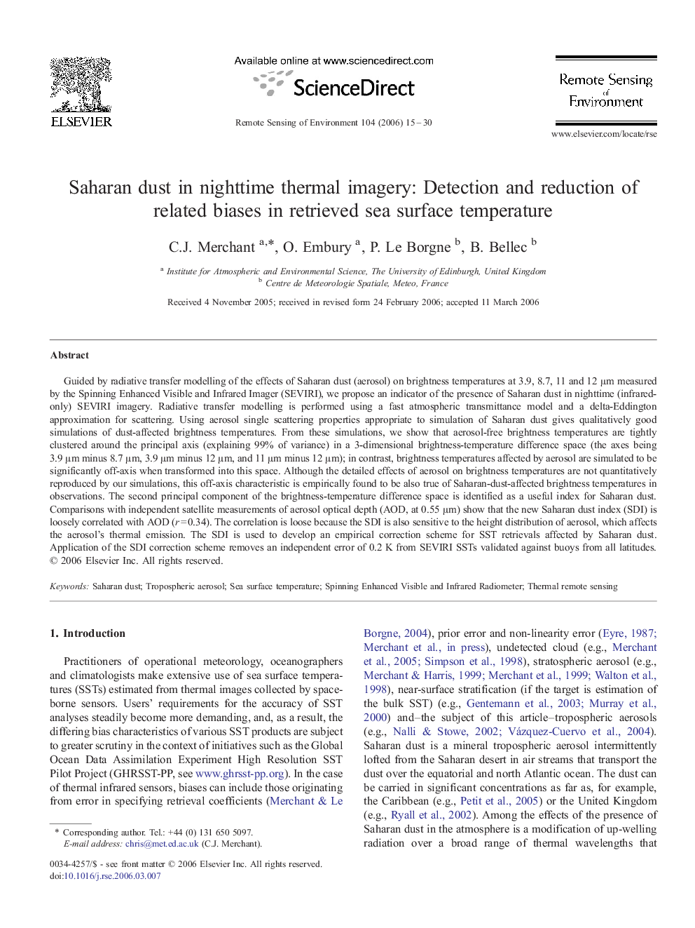 Saharan dust in nighttime thermal imagery: Detection and reduction of related biases in retrieved sea surface temperature