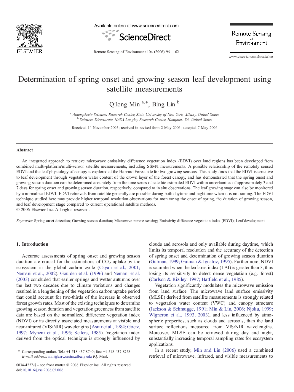 Determination of spring onset and growing season leaf development using satellite measurements