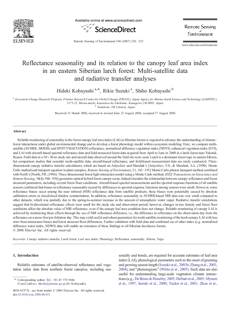 Reflectance seasonality and its relation to the canopy leaf area index in an eastern Siberian larch forest: Multi-satellite data and radiative transfer analyses